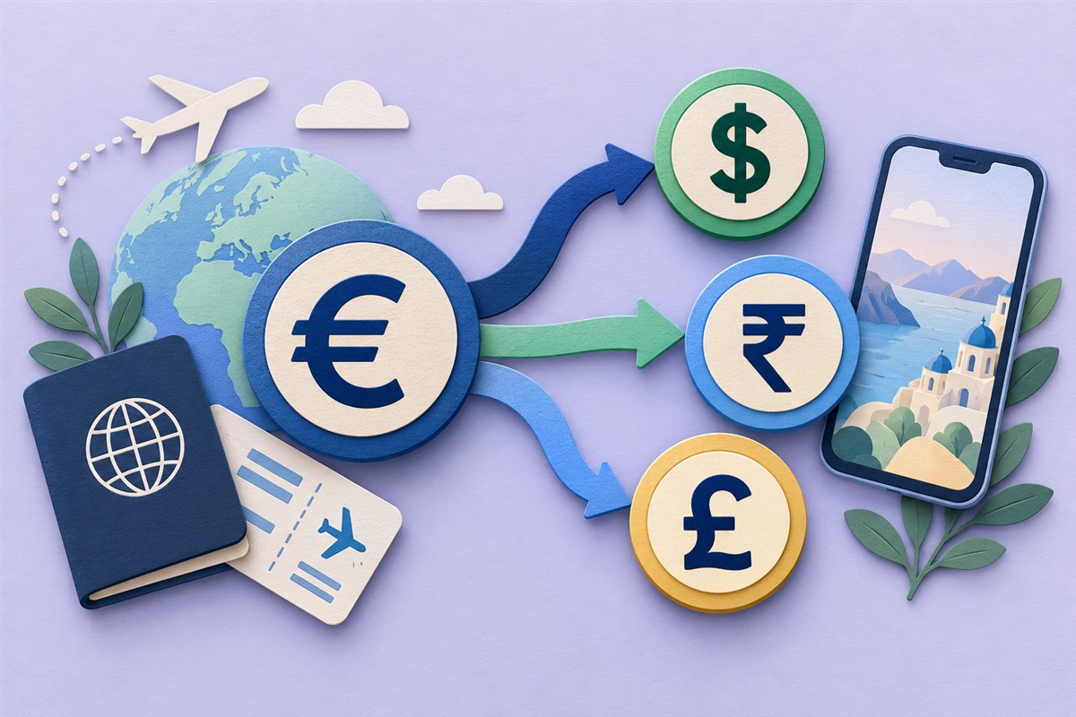 One euro amount branching into dollar, rupee and pound equivalents