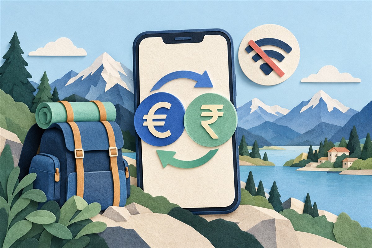Phone with currency symbols and disconnected Wi-Fi beside a backpack and mountains
